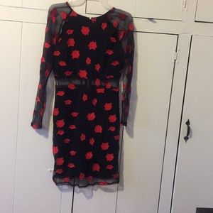 Black & red short dress with red flower prints